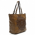 SERENOA LEATHER SHOPPER TOTE WITH STUDS AND LASER PRINT IN MILITARE