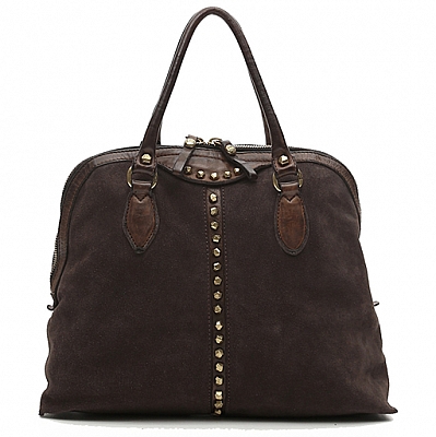 SUEDE  & STUD RIBBON FRONT BOWLING BAG IN MORO