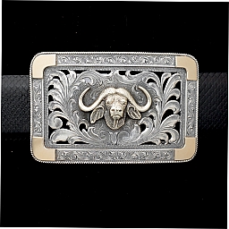ORMS EASTLUND 1802 CUSTOM STERLING BUCKLE WITH 10K GREEN GOLD CAPE BUFFALO, 14K YELLOW GOLD CORNERS, ROPE EDGE, FILIGREED