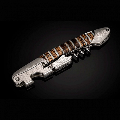 AMFORA  FOSSIL MAMMOTH TOOTH & DAMASCUS FOLDING CORKSCREW