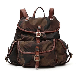 CAMO NYLON  BACKPACK WITH COGNAC LEATHER TRIM