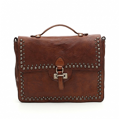 STUD AND CRYSTAL LEATHER BRIEFCASE IN COGNAC