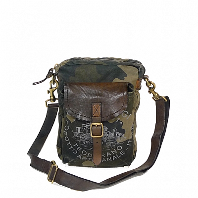 CAMO CANVAS AND LEATHER POCKET CROSSBODY SATCHEL IN GREY