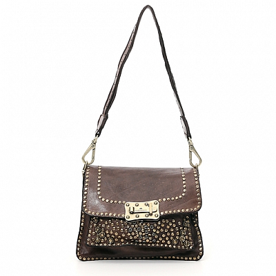 CROSSBODY FLAP FRONT  LEATHER CROSSBODY WITH FLOWER STUDS IN MORO