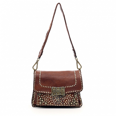 CROSSBODY FLAP FRONT  LEATHER CROSSBODY WITH FLOWER STUDS IN COGNAC