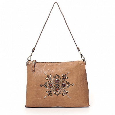 CROSSBODY POUCH WITH SUNRISE STUDS IN CAMEL