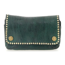 ESSENTIAL POUCH W STUDS AND SNAPS IN GREEN COWHIDE