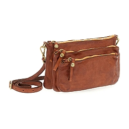 TRIPLE ZIP CROSSBODY POUCH IN COGNAC COWHIDE LEATHER