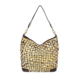 YELLOWSTONE “GOLDEN BETH” WOVEN BAG IN  METALLIC FOIL OVER WASHED COWHIDE  LEATHER