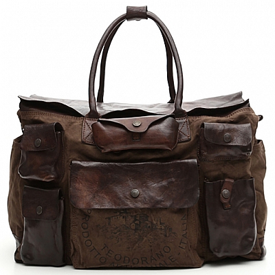 LEATHER POCKET FRONT WEEKEND BAG WITH MILITARE CANVAS IN BROWN