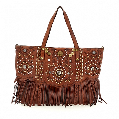 CARMEN DECORATED FRING SHOPPER IN COGNAC