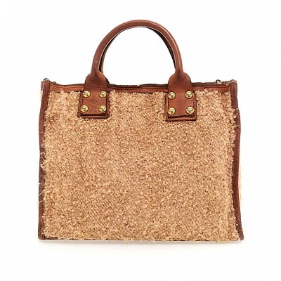 BOUCLE, LAME & LEATHER MEDIUM SIZE TOTE IN GOLD & COGNAC