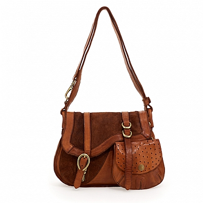 MEDIUM SHOULDER SADDLE BAG IN SUEDE AND SMOOTH LEATHER IN COGNAC