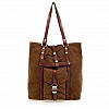 WASHED CANVAS & LEATHER FRONT POCKET TOTE IN COGNAC