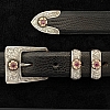 TAYLOR 1870 STERLING BUCKLE SET WITH 14K RG FLOWERS AND 4 MM RUBIES.