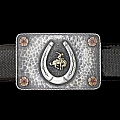 BOWIE 1400 STERLING HAMMERED TROPHY BUCKLE WITH 14K BRONC, ROSE GOLD FLOWERS SET WITH RUBY.