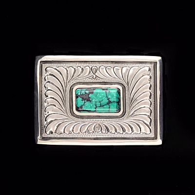 MONTEZUMA 1 1/2” TROPHY BUCKLE FEATHER ENGRAVED WITH TURQUOISE