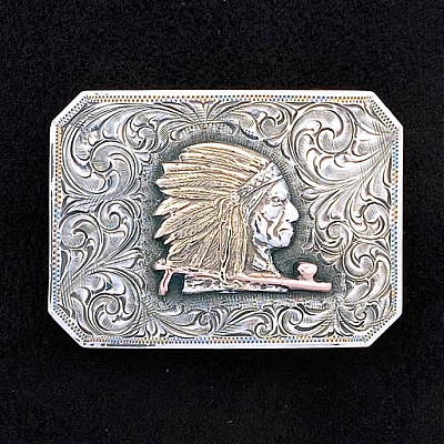 STERLING SILVER CLIPPED CORNER ENGRAVED TROPHY BUCKLE WITH CHIEF 14K GOLD HEADDRESS AND ROSE GOLD PEACE PIPE