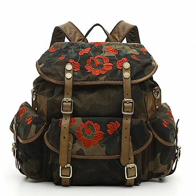 CAMO CANVAS BACKPACK WITH RED ROSE PRINT IN MILITARE