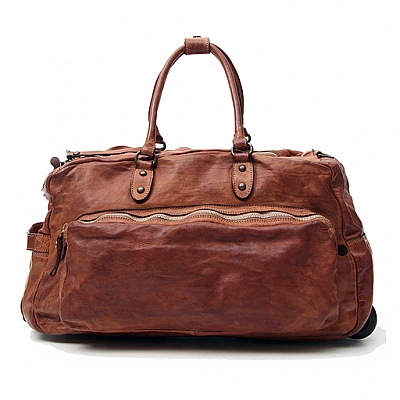 CLASSIC WHEELED LEATHER TROLLEY DUFFLE BAG IN COGNAC