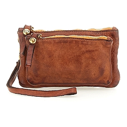 DOUBLE ZIP CROSSBODY POUCH IN COGNAC COWHIDE LEATHER