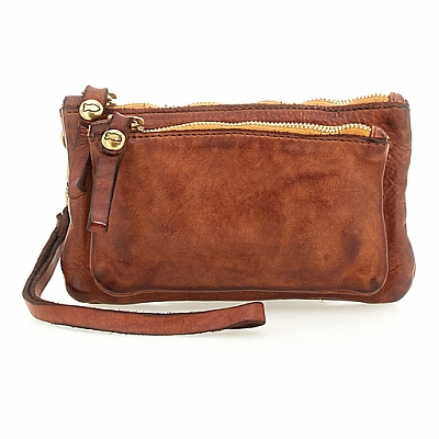 DOUBLE ZIP CROSSBODY POUCH IN COGNAC COWHIDE LEATHER