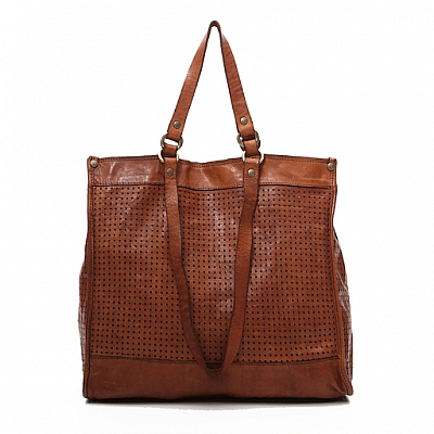 DUAL HANDLE PERFORATED LEATHER TOTE IN COGNAC