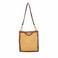 HERRINGBONE STRAW AND LEATHER CROSSBODY POUCH IN COGNAC