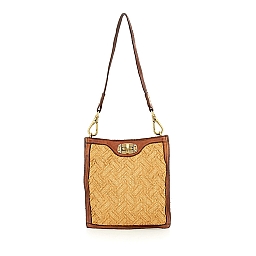HERRINGBONE STRAW AND LEATHER CROSSBODY POUCH IN COGNAC
