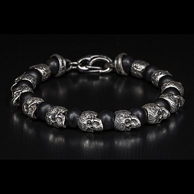 SHAMAN BEADED SKULL BRACELET WITH STERLING SILVER AND ONYX
