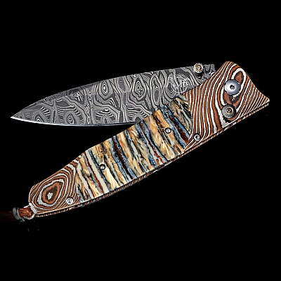 GENTAC RELIC FOSSIL MAMMOTH TOOTH, MOKUME AND DAMASCUS STEEL FOLDING KNIFE