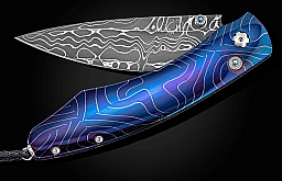 SPEARPOINT ABSTRACT HEAT BLUED DAMASCUS FOLDING KNIFE