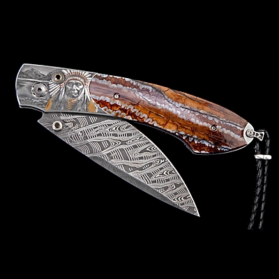 SPEARPOINT CHIEF JOSEPH MAMMOTH TOOTH, ENGRAVING AND GOLD INLAY FOLDKING KNIFE