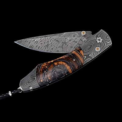 SPEARPOINT EPIC NIGHT FOSSIL MAMMOTH TOOTH, DAMASCUS FOLDING KNIFE