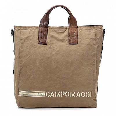 LEATHER HANDLE CANVAS TOTE WITH CROSSBODY RIBBON IN MILITARE