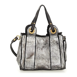 MINI SHOPPING CROSSBODY IN SILVER METALLIC WASHED COWHIDE LEATHER