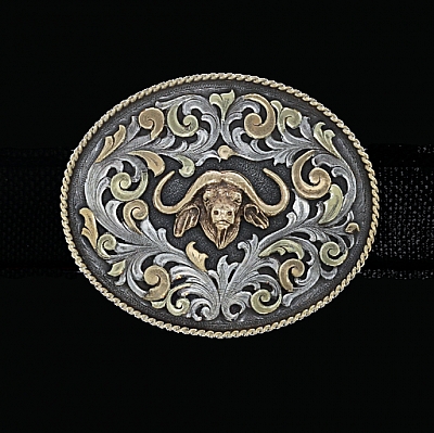 NUECES 1819 OVAL TROPHY W 14K YELLOW AND GREEN GOLD & STERLING SCROLLS, 14K YELLOW GOLD ROPE AND 14K YELLOW GOLD CAPE BUFFALO