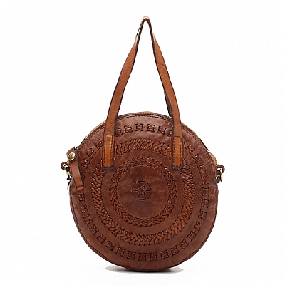 SMALL LACED LEATHER ROUND CROSSBODY IN COGNAC