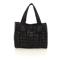 SMALL WOVEN SHOPPING HANDBAG IN BLACK LEATHER